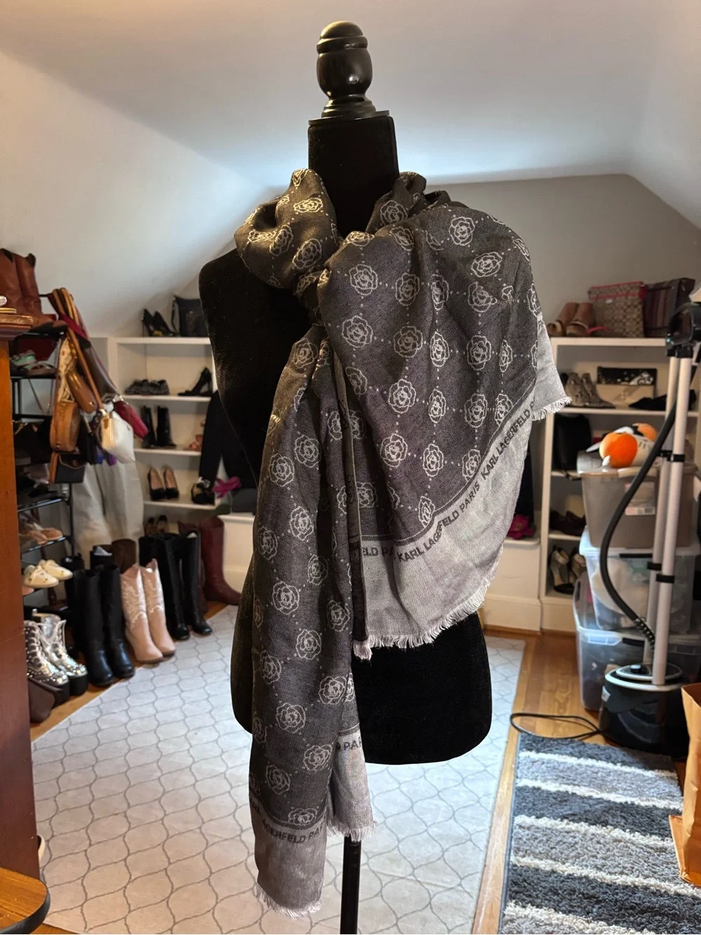 Karl Lagerfeld Paris Monogram Rose Print Oversized Wrap Scarf Gray Black Fringe